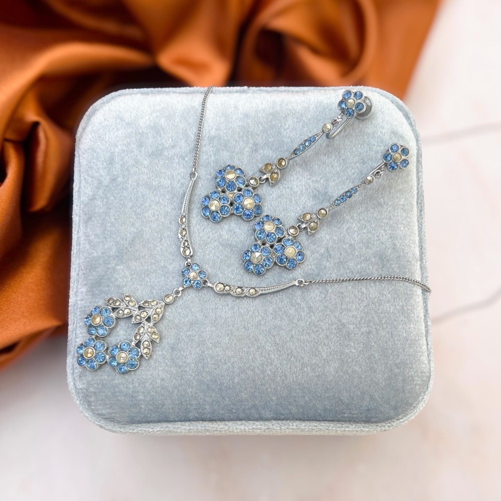 Art Deco 1920s Blue Paste and Marcasite Vintage Forget-Me-Not Necklace and Earrings Set